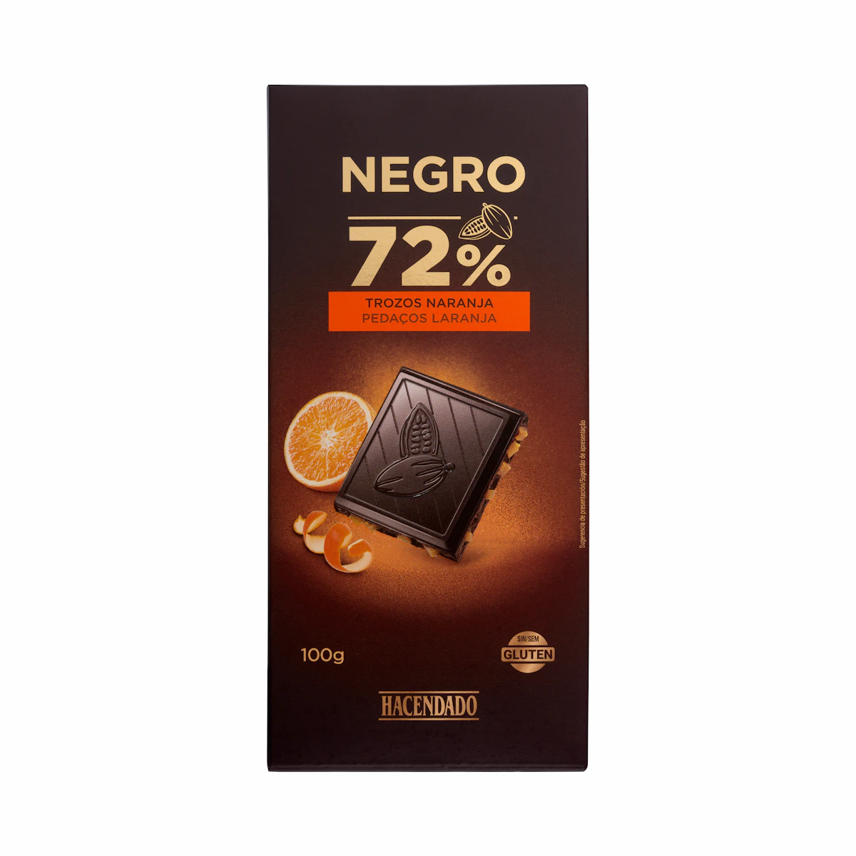 Chocolate negro 72% cacao Hacendado con trozos de naranja