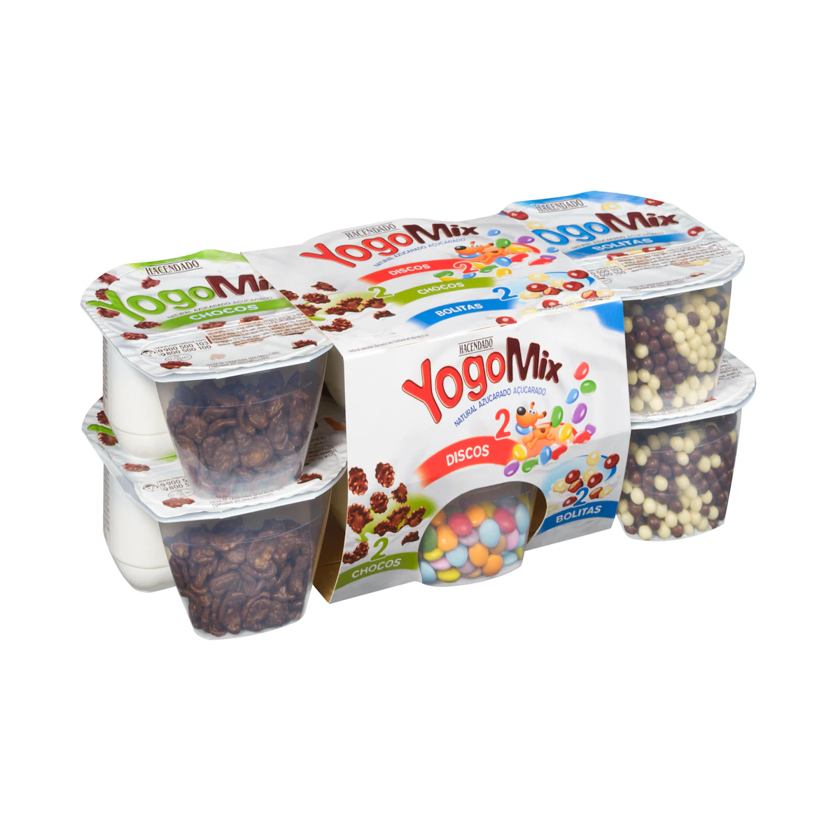 Yogur azucarado YogoMix Hacendado variado de copos maíz, bolitas y disquitos chocolateados